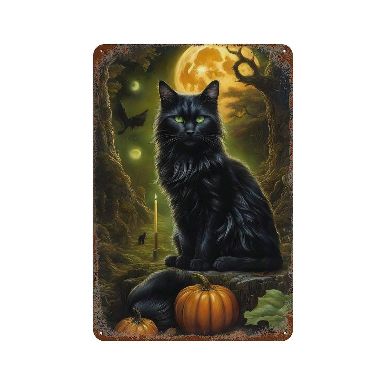 Halloween Black Cat with Pumpkins-6 11.8"x7.9" Distressed Metal Wall Sign, Retro Wall Decor for Garage, Bar And Workshop Decor