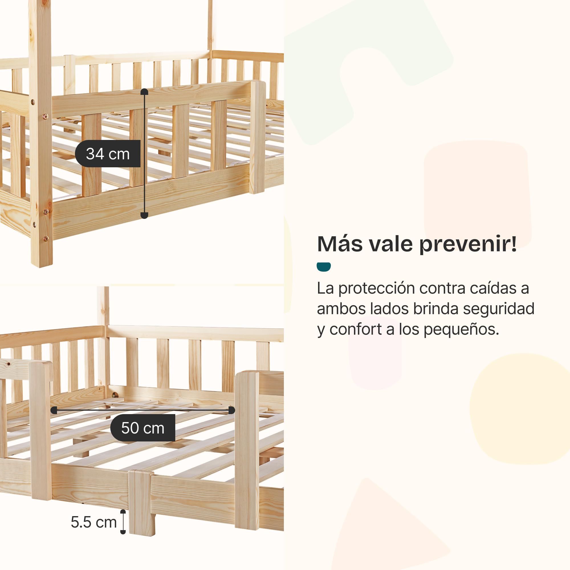 [en.casa] Cama para niños Casita Treviolo hasta 120 kg Cama Infantil con Reja Protectora Forma de casa de Madera Pino 120 x 200 cm - Pino Natural