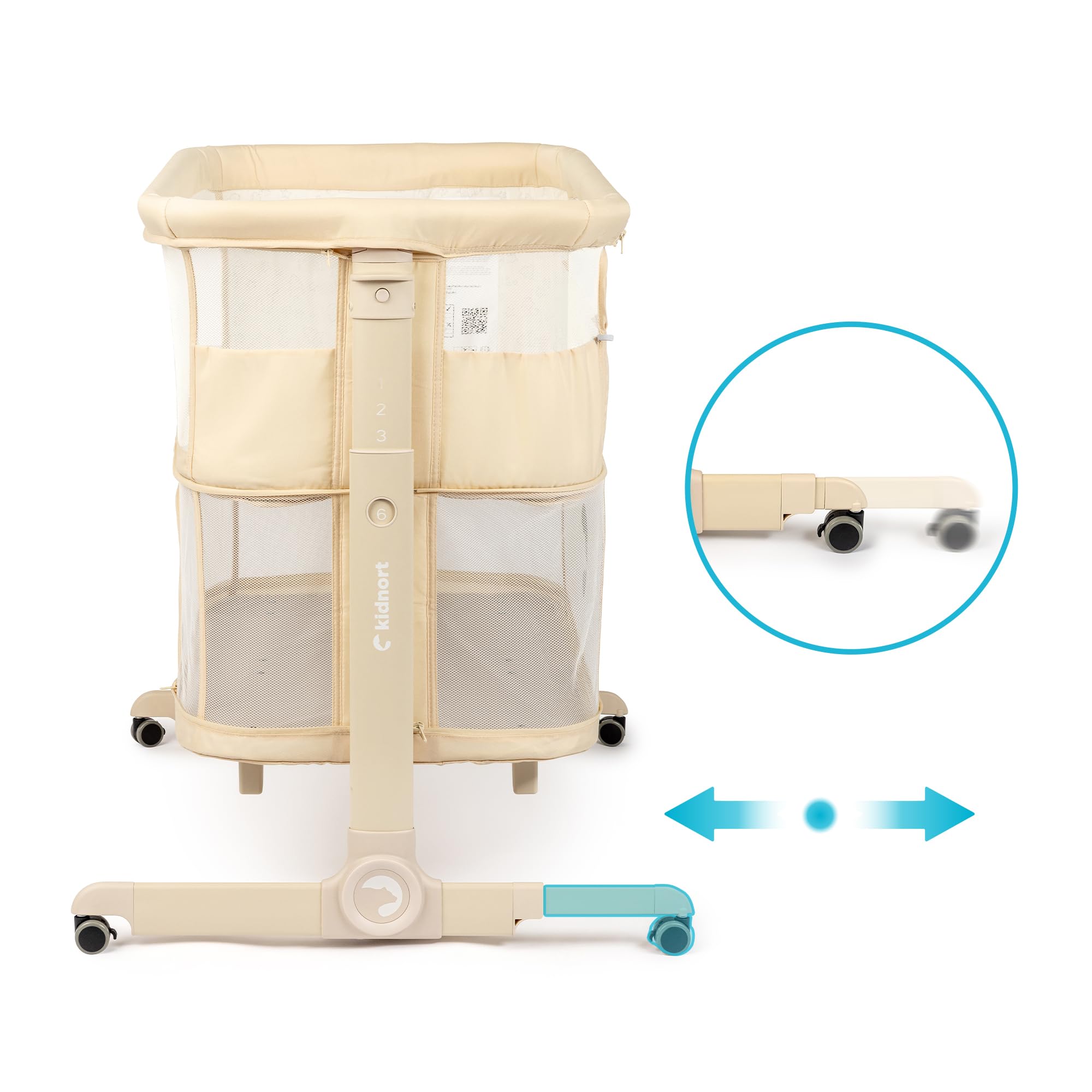 Snäckskal 3 in 1 Babybett Beistellbett Reisebett mit Matratze und Rollen 6 Fach höhenverstellbar mit Wiegefunktion Moskitonetz Laufstall bis 15 kg klappbar Tragetasche Beige