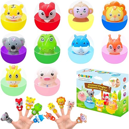 CALSPY Juego de 20 juguetes de huevos de Pascua para niños pequeños, juego de marionetas de dedos de animales, aprendizaje Montessori, clasificación