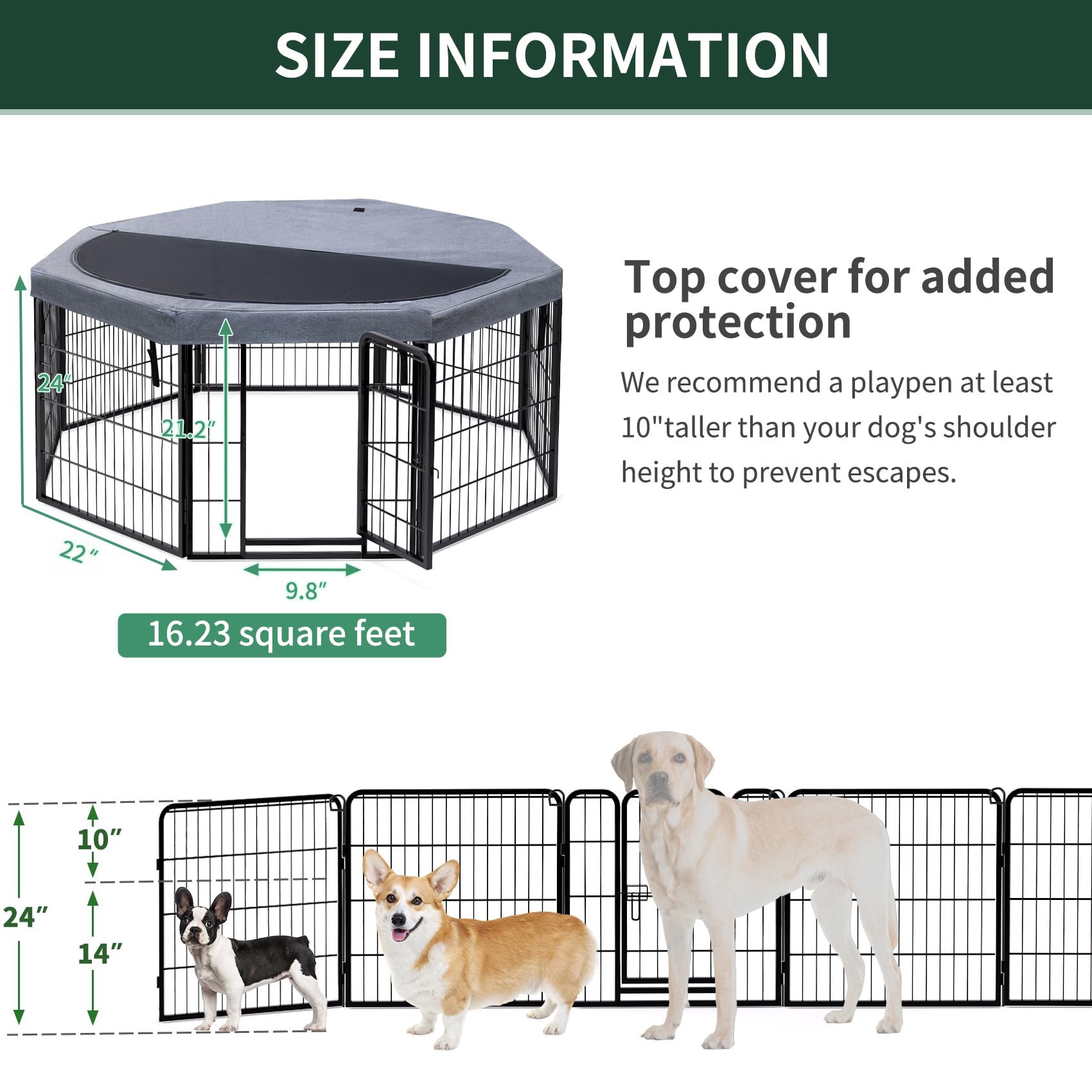 PETIME Recinzione per cani in metallo, resistente, per interni ed esterni, 55,9 x 61 cm (larghezza x altezza), 8 pannelli, con copertura superiore ottagonale