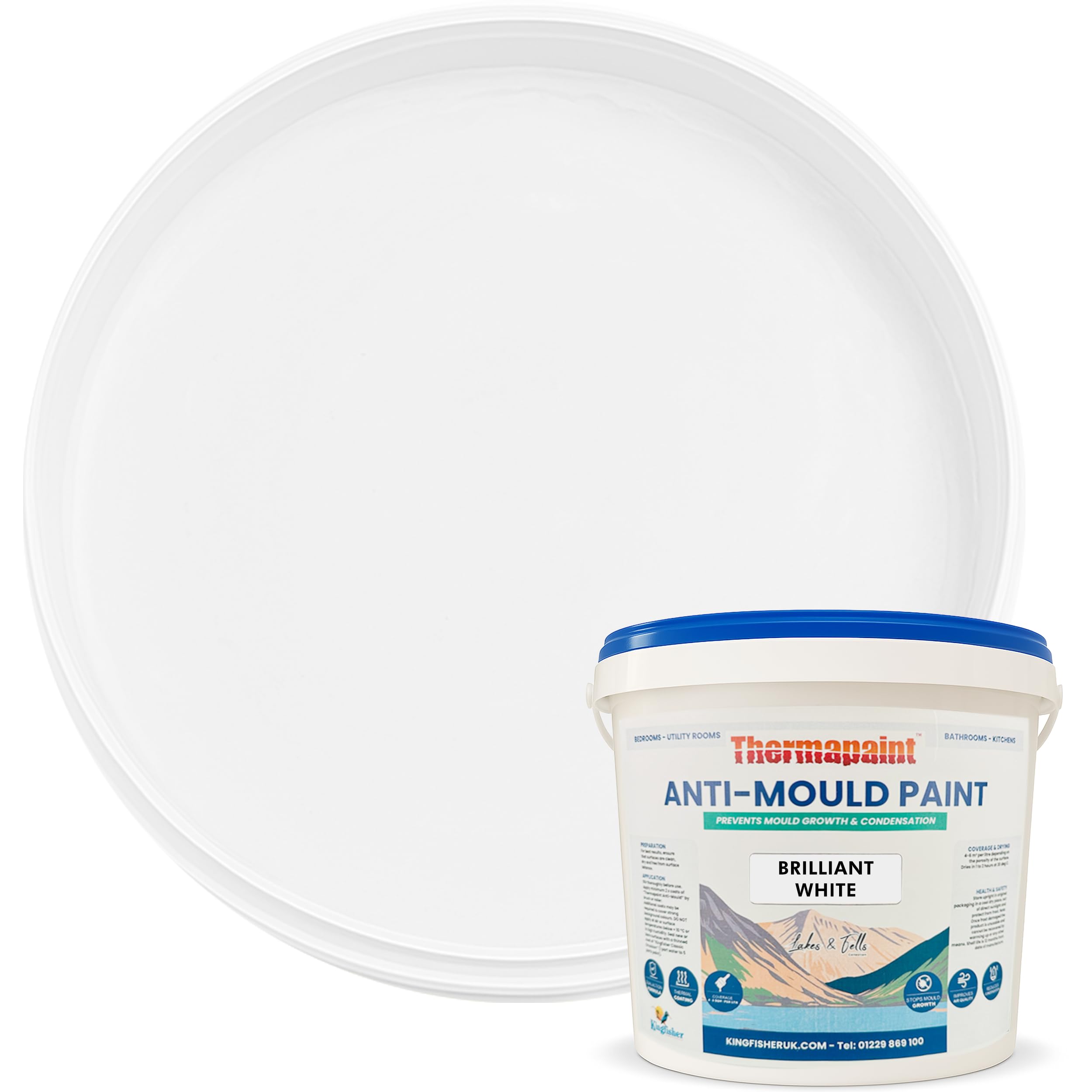 Kingfisher Thermapaint Anti Mould Paint with Active Fungicide 2.5L | Mould & Moisture Resistant Emulsion Wall Paint for Kitchens, Bathrooms & More | Waterproof & Washable | Brilliant White — image 1