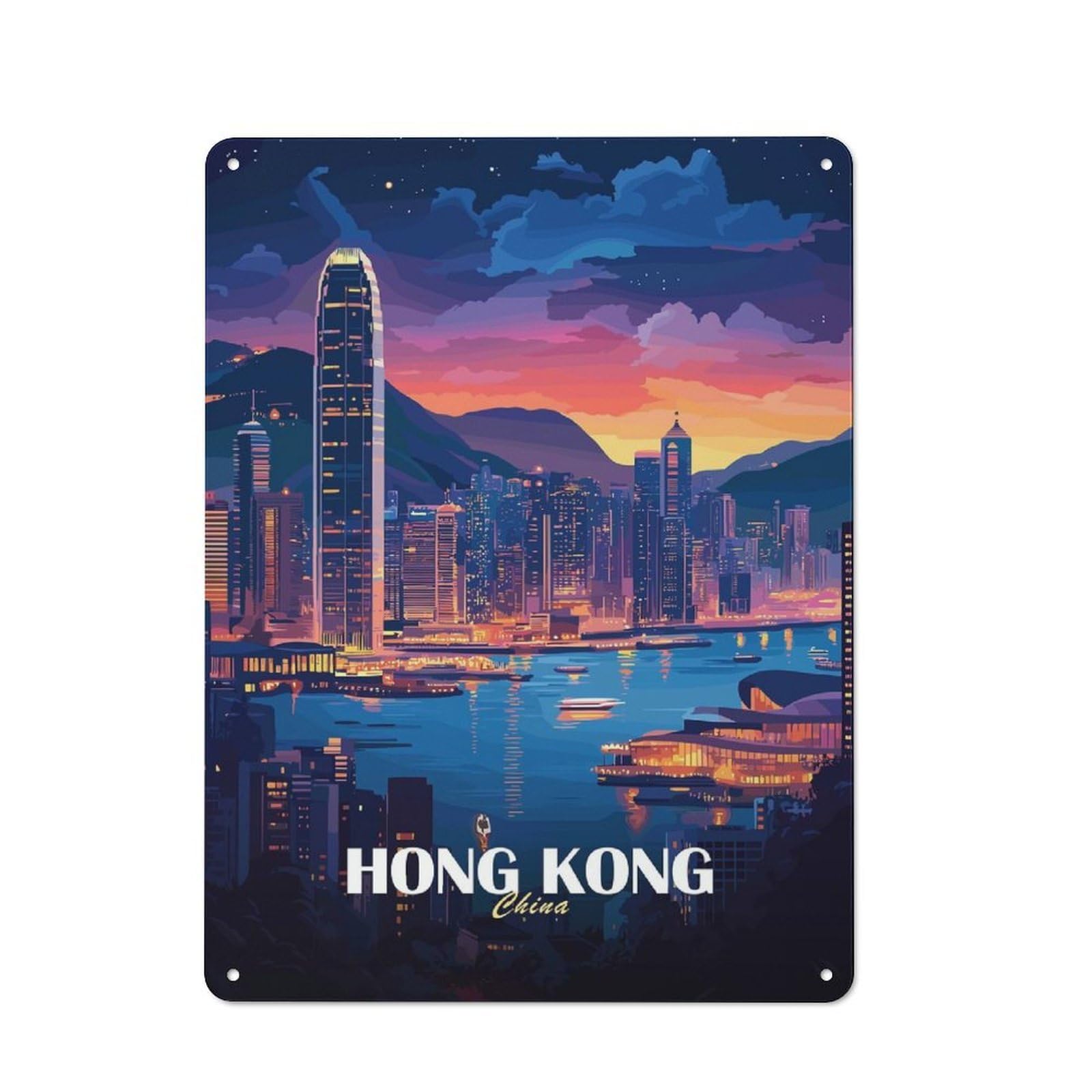 Junmoney Style-19 Hong Kong Cityscape At Dusk Retro Metal Wall Decor 40X30cm, Vintage Tin Sign For Coffee Bar, Kitchen, Bistro Or Tea Corner