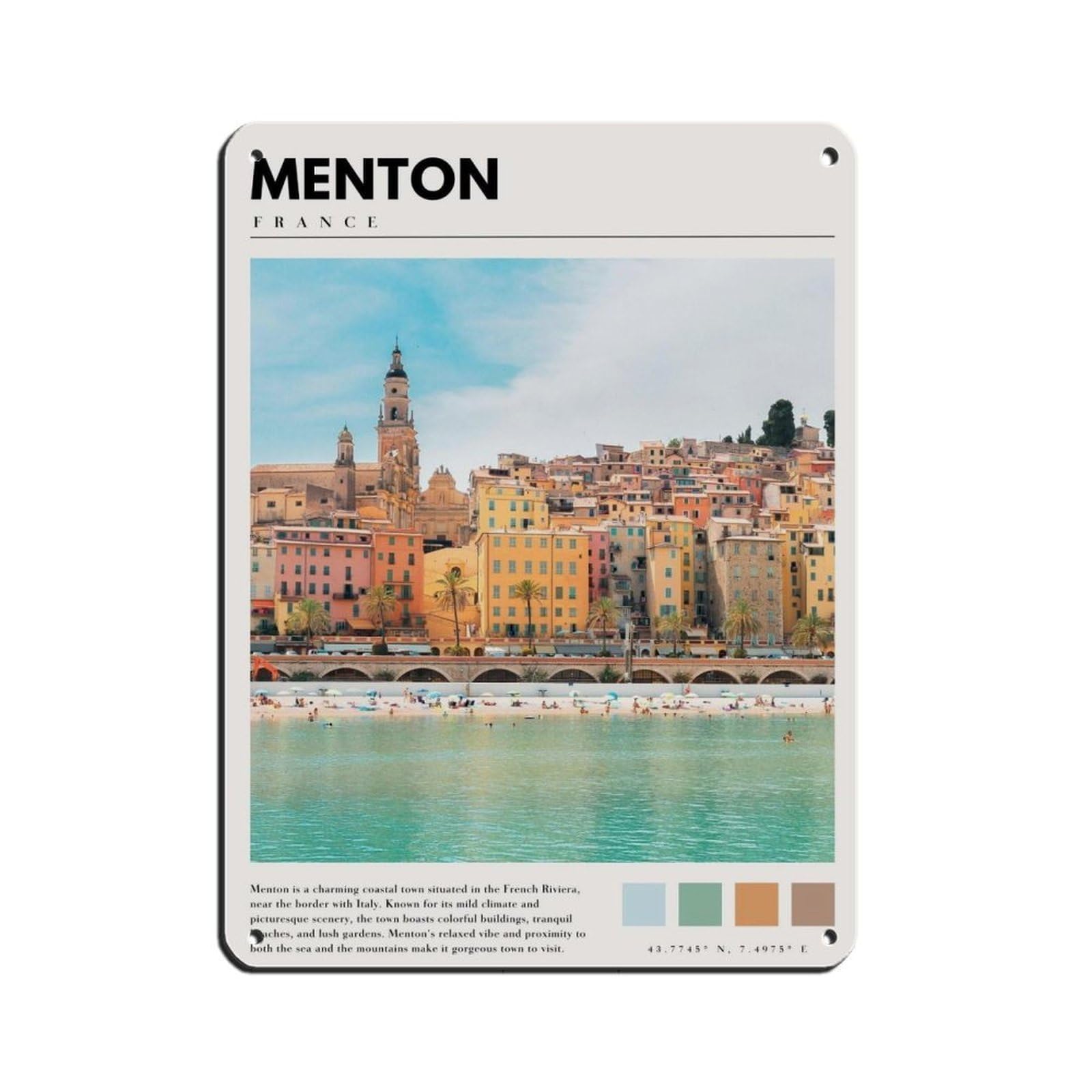 Menton France Poster French Art Tin Sign Vintage Metal Pub Club Cafe Bar Home Wall Art Decoration Poster Retro 12x16inch(30x40cm)