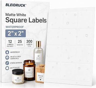 25 Sheets 2" x 2" Printable Matte Vinyl Square Lalebs 12up Bottle Labels