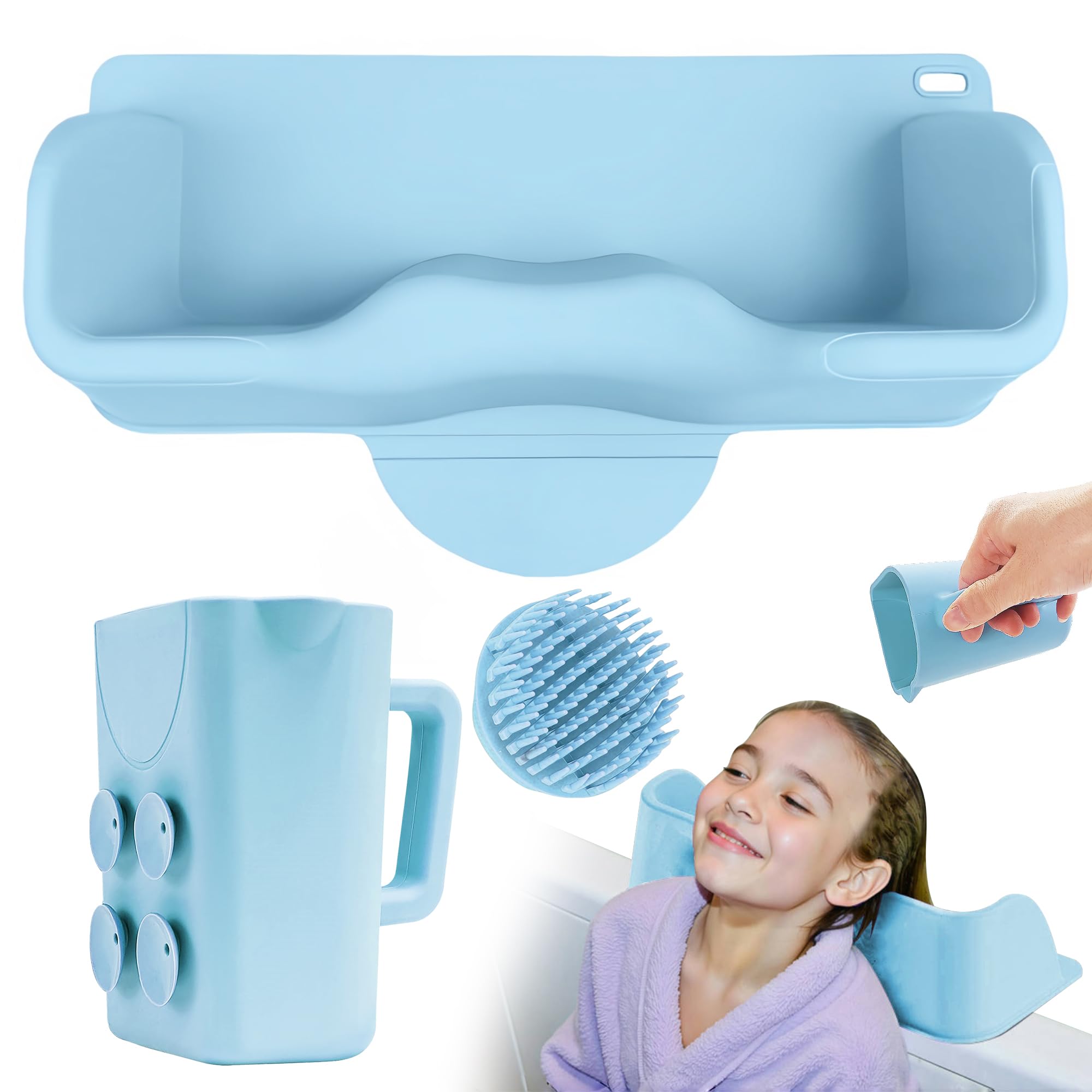 Portable Hair Washing Station for Kids, Toddlers, Children, Teens, Silicone Hair Washing Basin for Sink or Bathtub, Tear-Free Shampoo Bowl with Rinser Cup, Neck Support for kids, Light Blue
