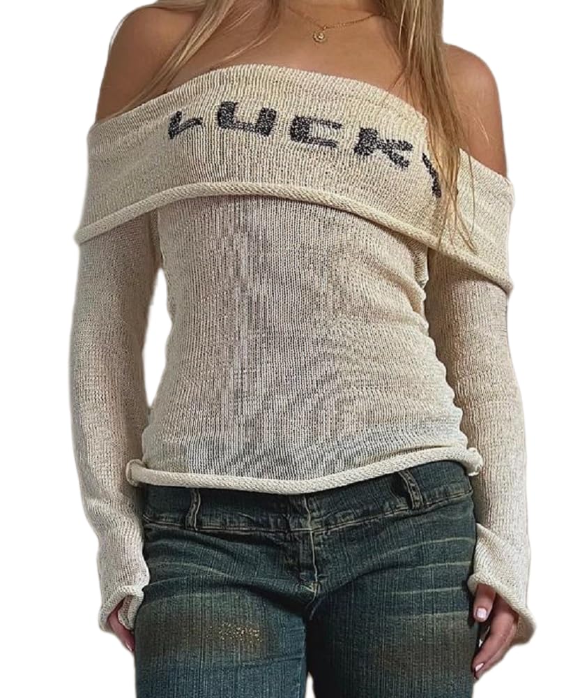 Women Y2k Fairy Grunge Off Shoulder Sweater Long Sleeve Graphic Vintage Aesthetic Teen Girls Harajuku Top