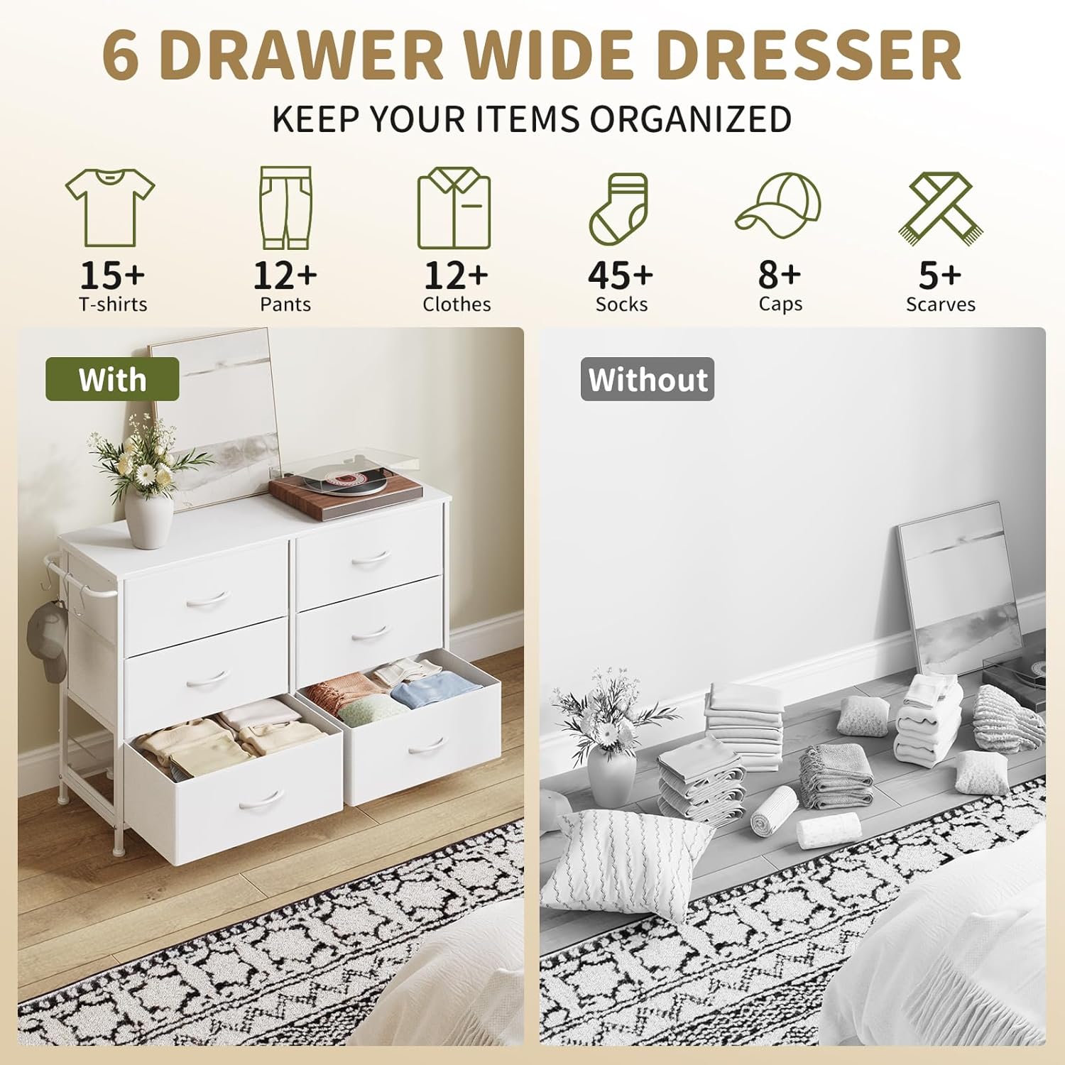 Dresser for Bedroom with 6 Drawers, Small Fabric Dressers for Kids Bedroom, Chest of Drawers, Storage Organizer Dresser for Closet, Nursery, Dorm, Apartment, TV Stand Living Room Wooden Top (White)
