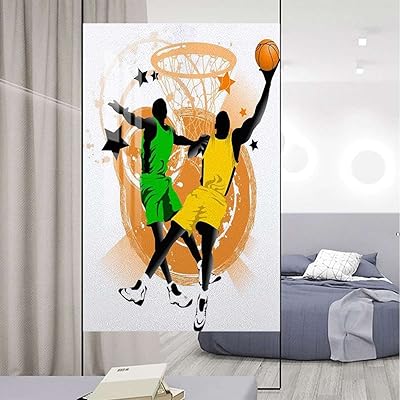 Black Green Static Cling Non-Adhesive Glass Film Basketball Player Silhouette Sun Light Blocking Window Tint Film for Home Doodle Style Art 17.7Wx35.4L-inch