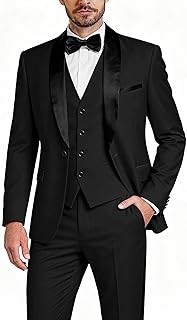 Mens 3 Piece Tuxedo Set with Bow Tie, One Button Shawl Lapel Jacket Vest Pants, Slim Fit Suit Party Wedding Prom Tux