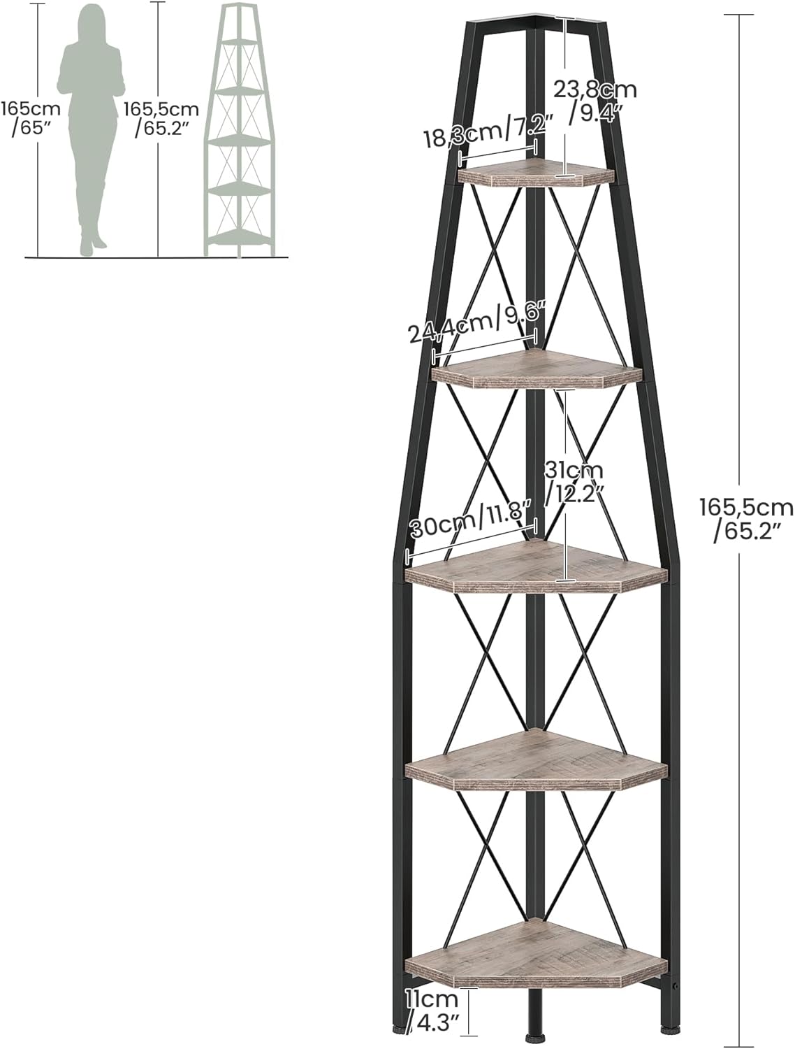 CHOEZON 5-Tier Corner Shelf, Corner Bookshelf, Ladder Shelf, Floor Standing Storage Rack, Open Display Stand, Plant Stand, for Living Room, Bedroom, Study, Bathroom, Greige and Black TCJ22BG