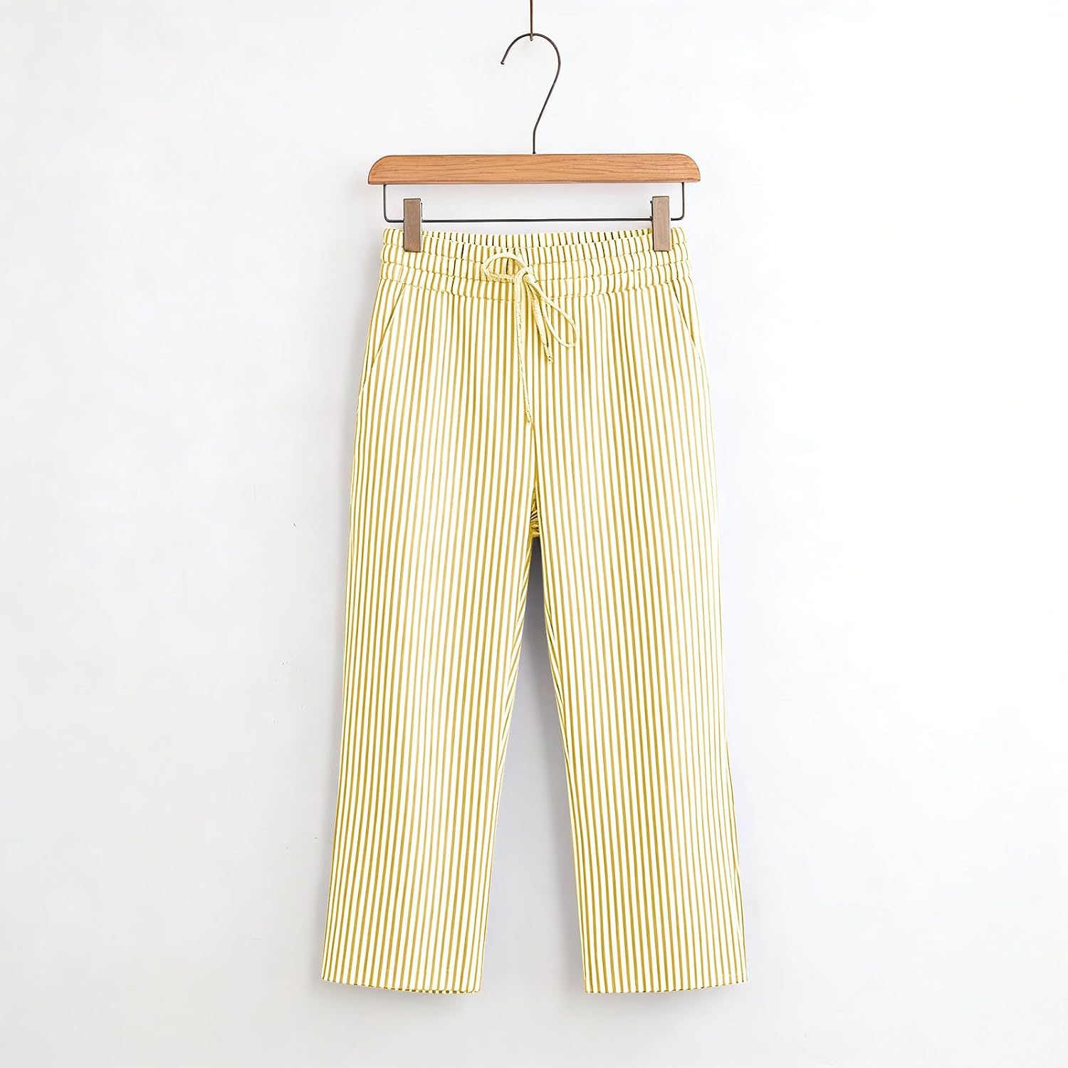 Capris Pants for Women Summer Casual Loose Drawstring High Waist Striped Straight Leg Lounge Beach Cropped Trousers