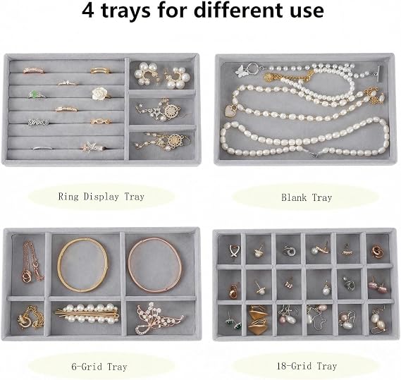 Velvet Drawer Jewelry Organizer Tray, Small Flat Jewelry Organizer for Drawer, Dresser Stacking Display Inserts for Jewelry Accessories in Dresser, Grey Set of 4