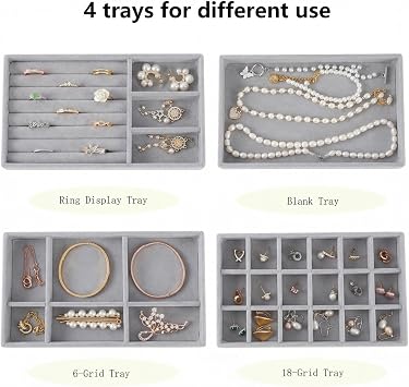 Velvet Drawer Jewelry Organizer Tray, Small Flat Jewelry Organizer for Drawer, Dresser Stacking Display Inserts for Jewelry Accessories in Dresser, Grey Set of 4
