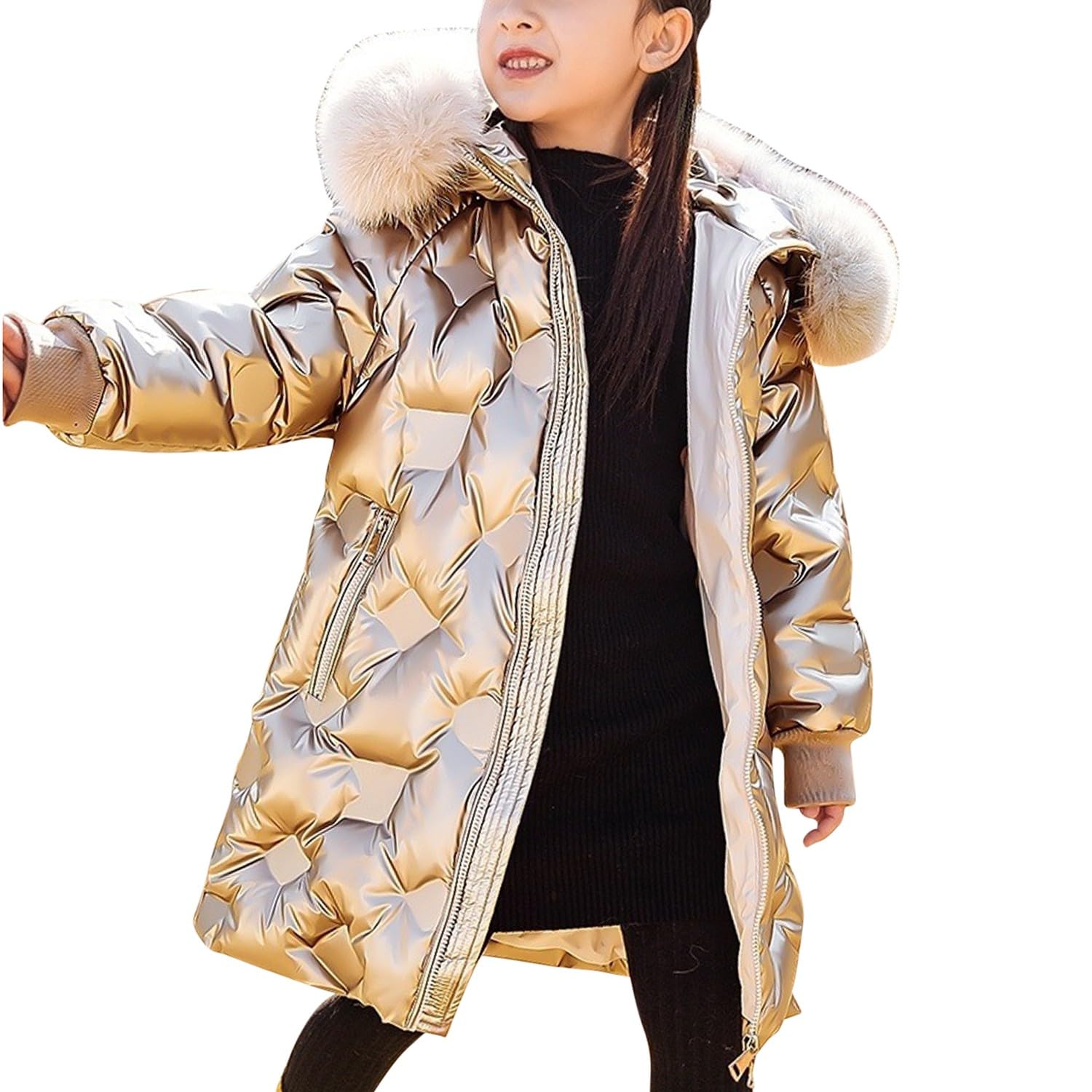 Runstarshow Girls Winter Coat Hooded Padded Jacket with Removable Fluffy Faux Fur Collar Shiny Ski Jacket Warm Outerwear with Pockets for Girls Aged 6-14 Years