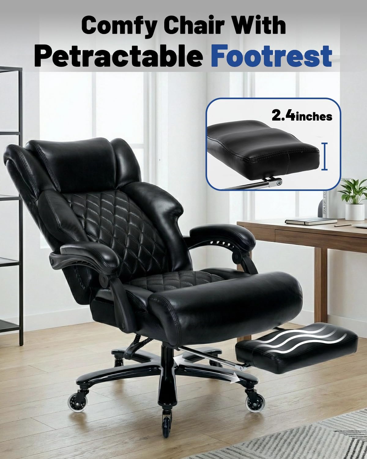 800lbs Big and Tall Office Chair, Reclining Office Chair with Foot Rest, Desk Chair for Heavy People, Large Computer Desk Chair, Heavy Duty Office Chair with Quiet Rubber Wheel and Extra Wide seat
