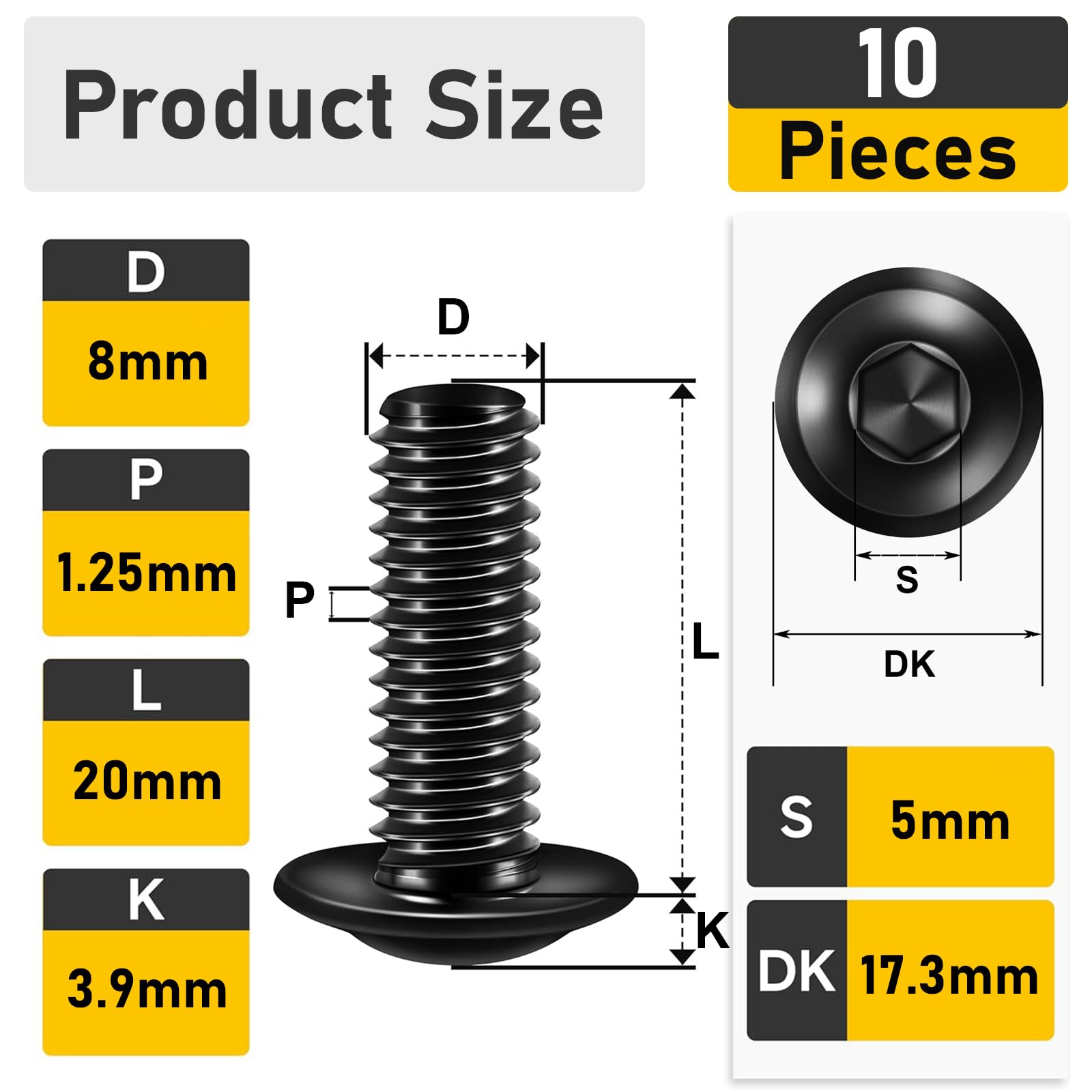 Valorada M8 Bolts, M8 x 20mm Flanged Button Head Screws Allen Socket Bolts Stainless Steel 304 Black Finish with Hex Spanner Pack of 10 - Image 2