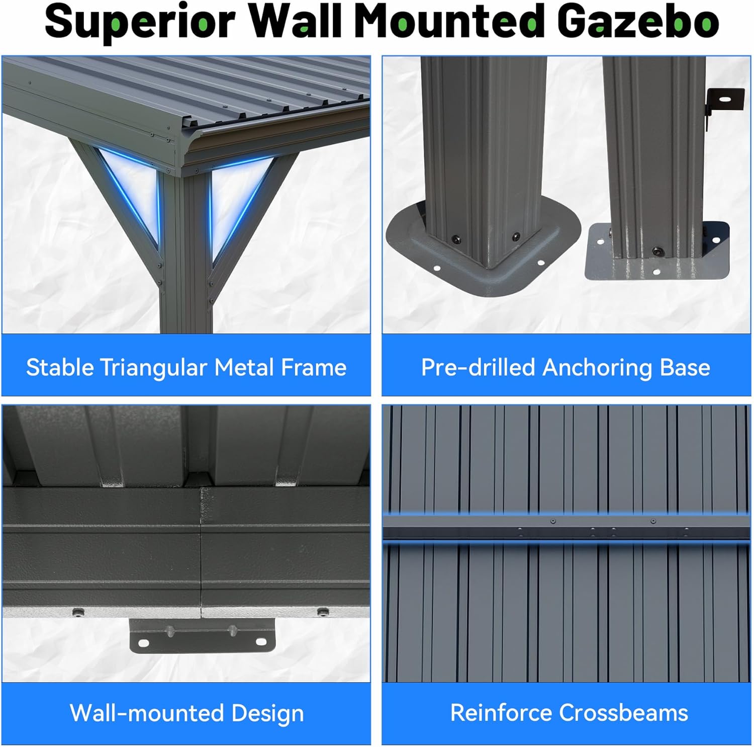 10x10FT Lean to Gazebo, Outdoor Hardtop Wall Mount Gazebo with Gutter & Sloping Galvanized Steel Roof, Metal Hard Top Awnings for Deck, Porch, Backyard