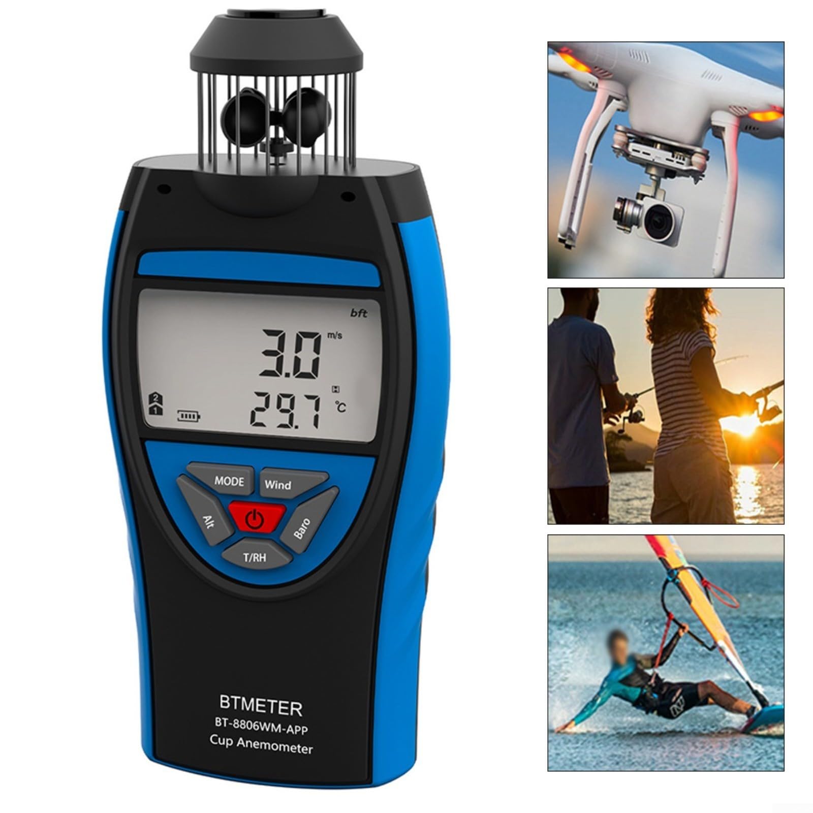 Anemometro digitale 0,3 – 42 m/s con bussola, display LCD, controllo APP per HVAC, vela, drone, modello BT-8806-APP