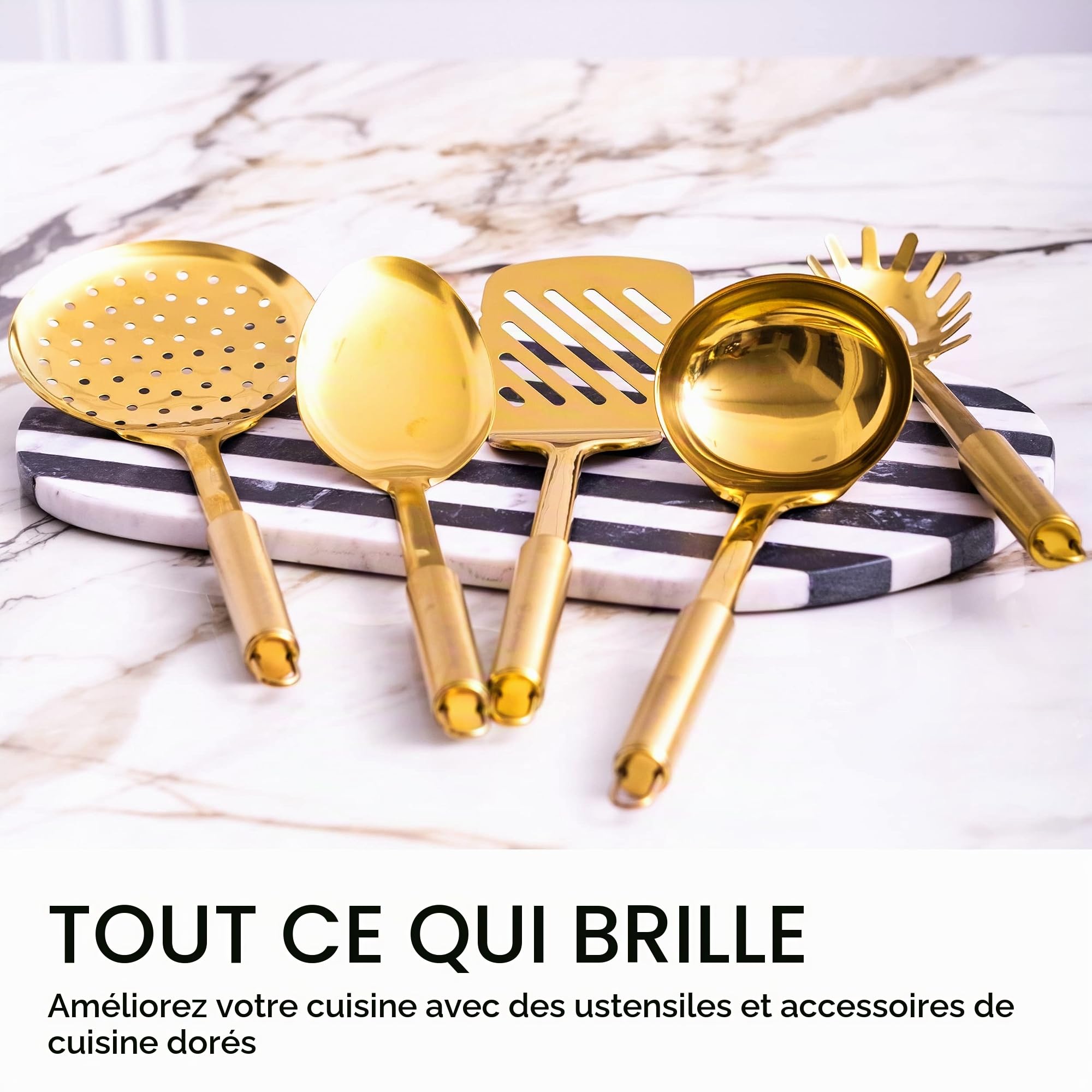 Ensemble d’ustensiles de cuisine dorés – 5 pièces en acier inoxydable pour cuisiner et servir, incluant louche, cuillère, spatule et fourchette à pâtes – Accessoires de cuisine luxe
