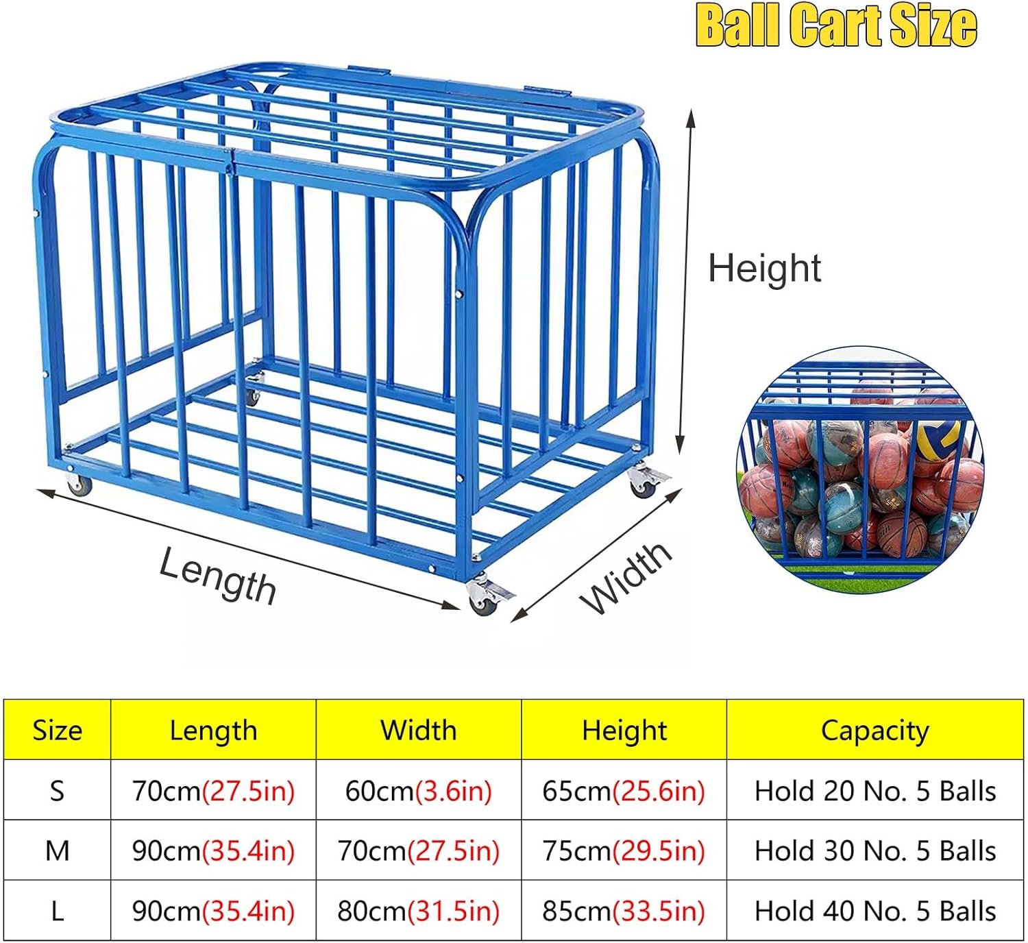 Lockable Ball Organizer Cart with Wheels - Heavy Duty Rolling Sports Equipment Storage, Stackable Metal Rack for Basketballs & Footballs, Ideal for School/Gym (Size: 70x)