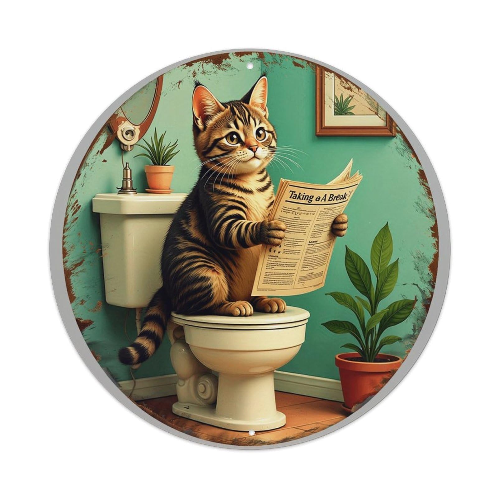 Cat Reading Newspaper On Toilet Vintage Round Tin Sign Retro Metal Wall Decor Metal Poster, Home Bar Garage Cafe Wall Art Decoration 8x8Inches