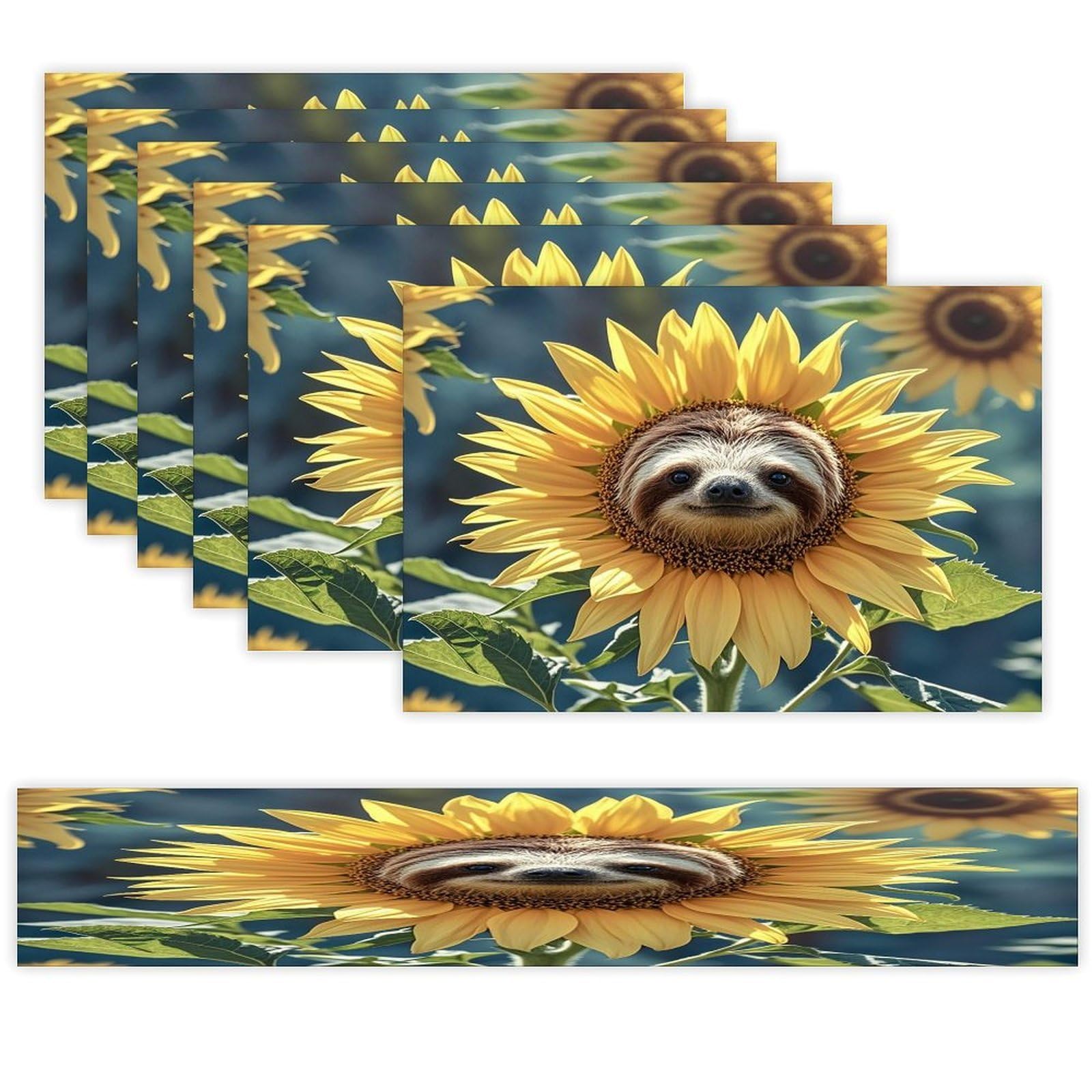 Sloth Sunflower Placemats Set of 6 and Table Runner for Holiday Party Kitchen Dining Table Decor Farmhouse Style Washable Table Mat Set Heat Resistant Linen Place Mat Sets