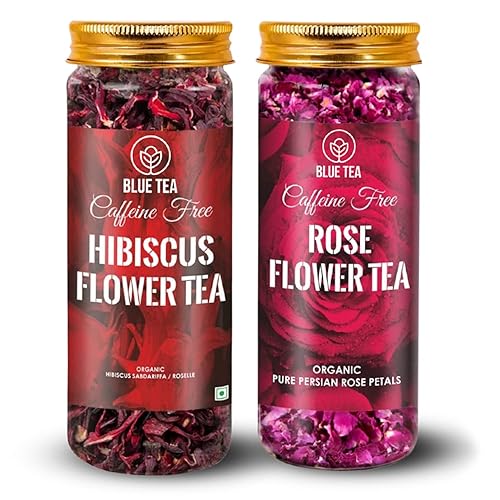 BLUE TEA - Flor de hibisco (1.76 onzas) + rosa (0.88 onzas)  Té de hierbas más fresco  Sin cafeína - Sin gluten - Sin OMG - Tarro reciclado de grado