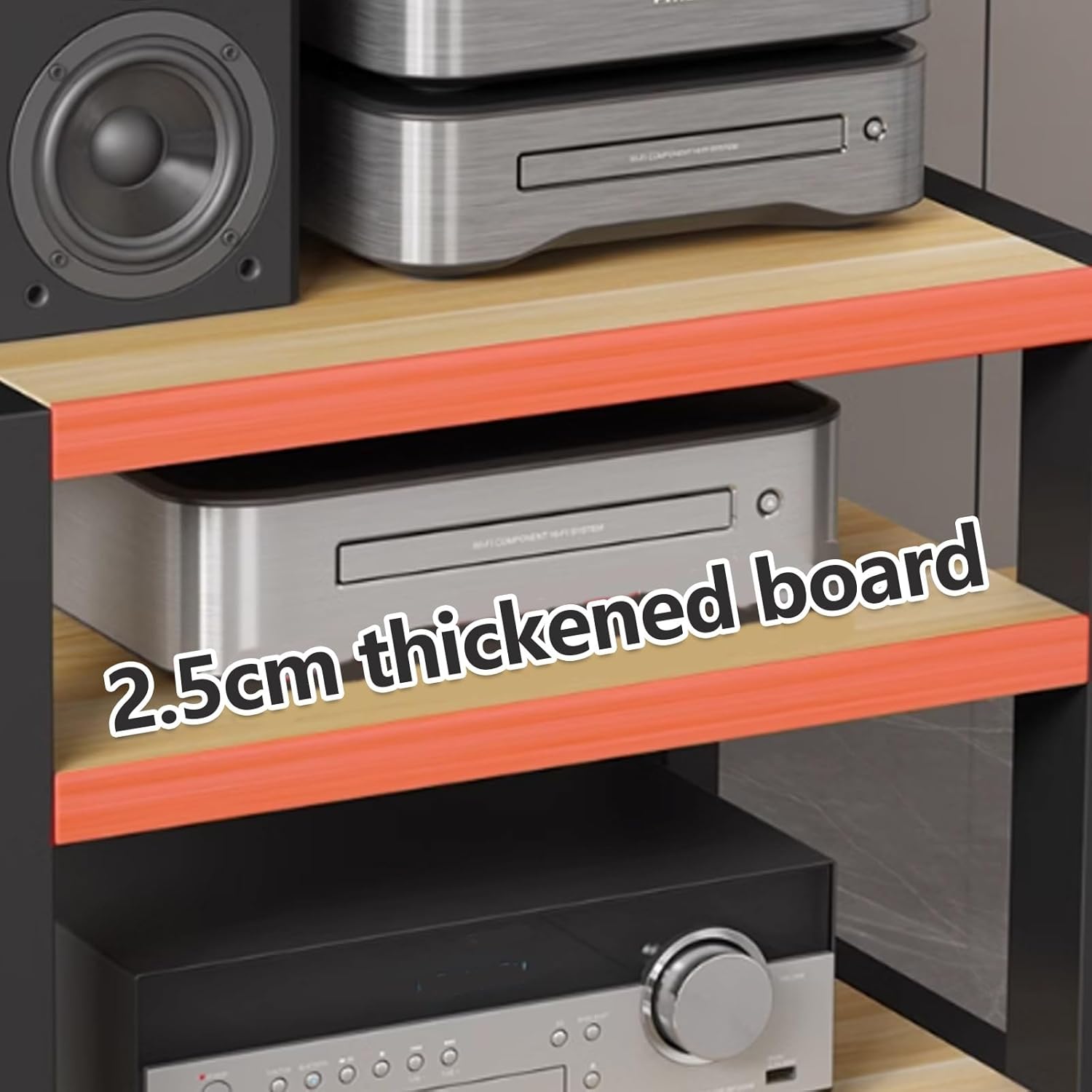 Movable Media Stand with Wooden Shelf – Portable Desktop Stereo Rack for Video, Corner Shelf Audio Components,Cabinet Storage(Black,3Tier-W45CM)