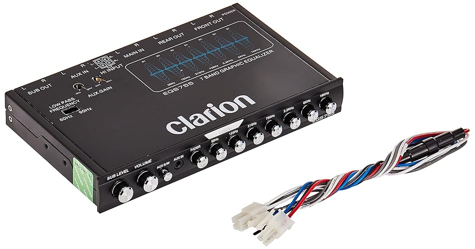 Clarion EQS755 Ecualizador Gráfico de Auto 7 Bandas con Entrada Auxiliar Frontal de 3.5mm, Entrada Auxiliar RCA Trasera y Entradas de Altavoz de Nivel Alto, NEGRO