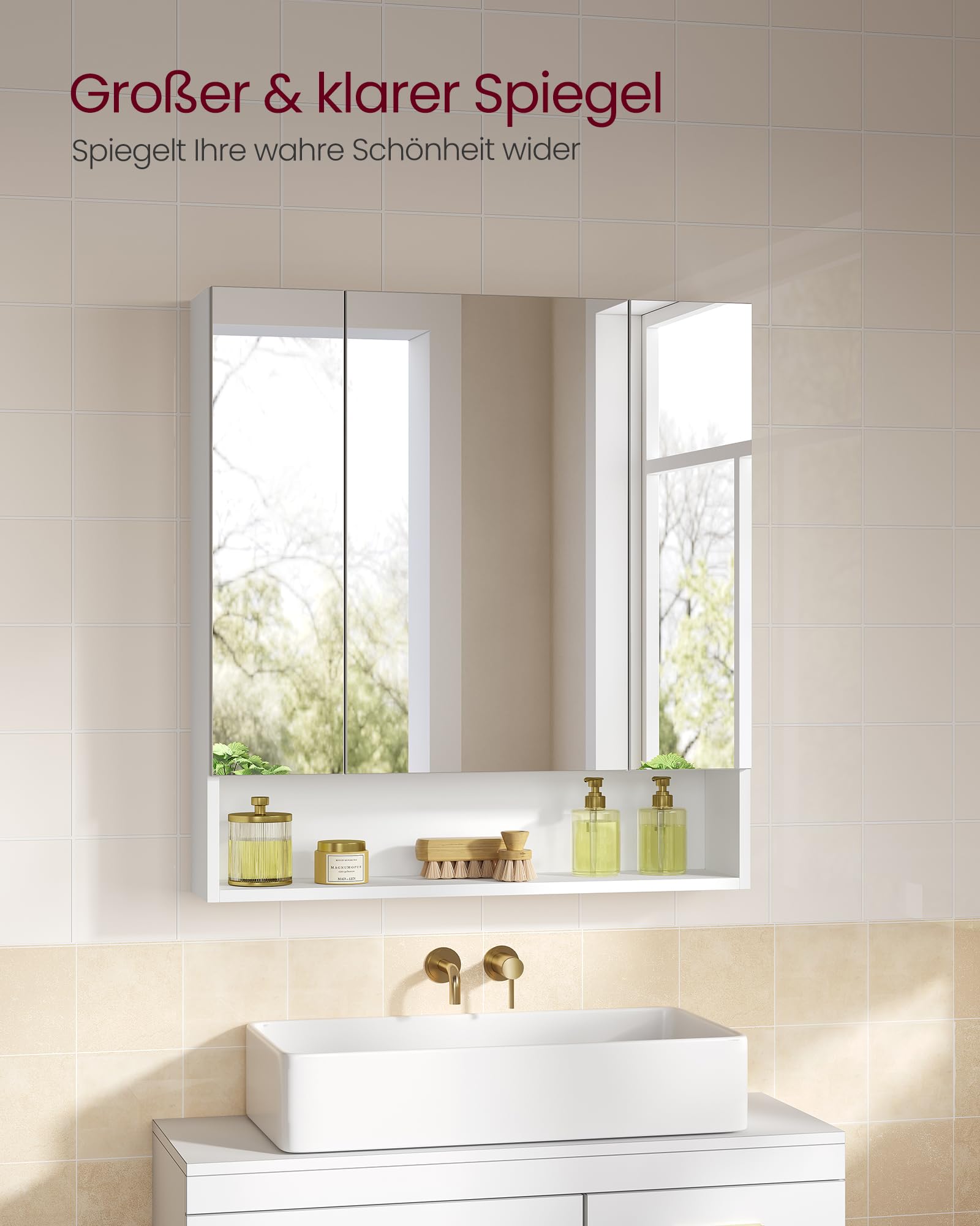 VASAGLE Kailyn Kollektion - Badezimmerschrank mit 3 Türen, Spiegelschrank, Badschrank, offenes Fach, verstellbare Ablagen, 16,5 x 70 x 75 cm, wolkenweiß BBK129W01