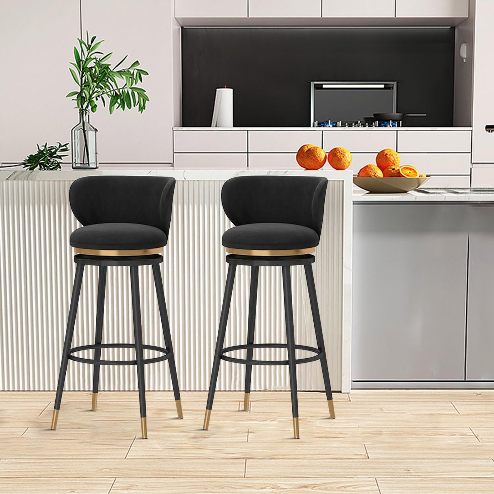 Set di 4 sgabelli da bar girevoli imbottiti in velluto con schienale, seggioloni da cucina, gambe in metallo, 75 cm / 29.5in, decorazione per la casa Slish (nero)