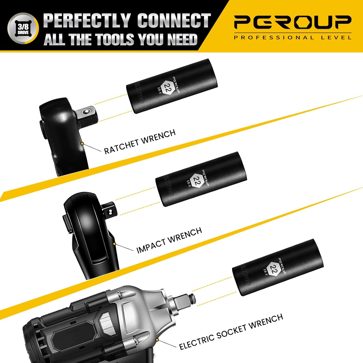 3/8” Drive Deep Impact Socket, Metric(22mm socket), 6-Point, Cr-V Steel With Black Manganese Phosphate Coating