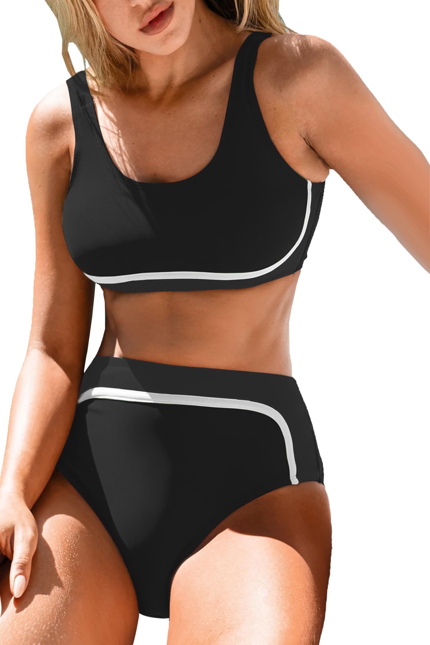 Leoparts Women's Two Piece High Waisted Swimsuits Sporty Color Block Scoop Neck Bikini Set Bathing Suit