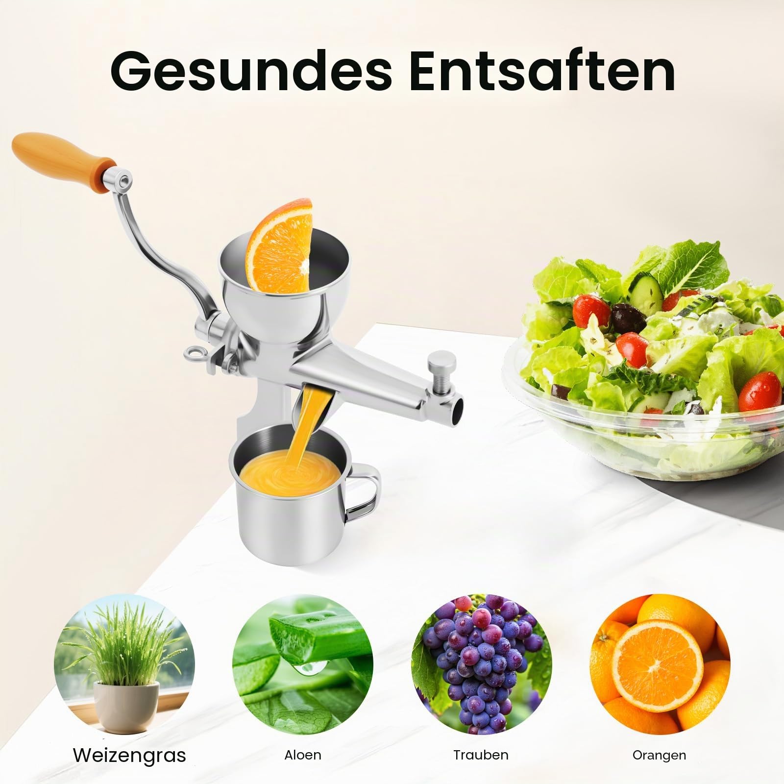Weizengras Saftpresse Manuell Entsafter Obst Gemüse Handpresse mit Sieb und Reinigungsbürste, Edelstahl Weizengraspresse Manuell Beerenpresse für Weizengras, Sellerie usw