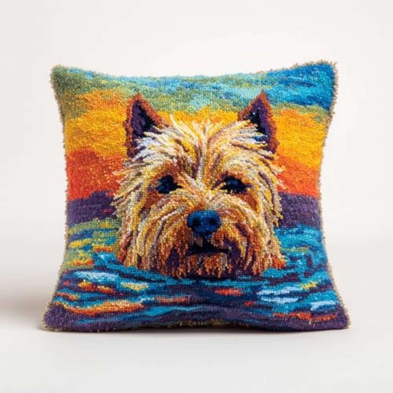 kitphoenix DIY Latch Hook Kit,Cushion Cover Making Set for Adults with Yarn,Cairn Terrier Dog Swimming Seaside,Hook and Pre-Printed Canvas,43x43 cm