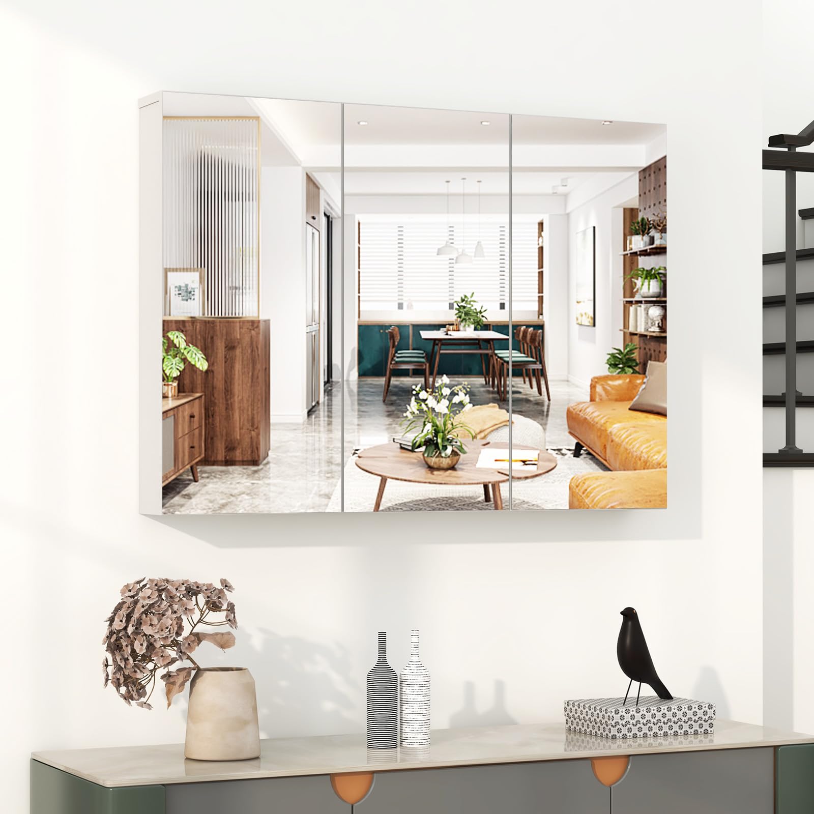 LDAILY Moccha Bathroom Mirror with Storage - Medicine Cabinet, Frameless Bathroom Wall Cabinet with 3 Doors and Adjustable Shelves, Over Toilet Storage Cabinet, Recessed or Surface Mount Installation