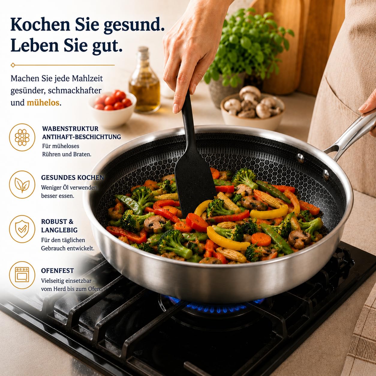 Royal Swiss Pfannenset Edelstahl 12-teilig, Kochgeschirrset mit Honeycomb Antihaftbeschichtung, 3 Töpfe, 3 Pfannen, Wok, Glasdeckel, Induktion Gas Elektro Ceran, sets cookwear, non stick toxic, cool