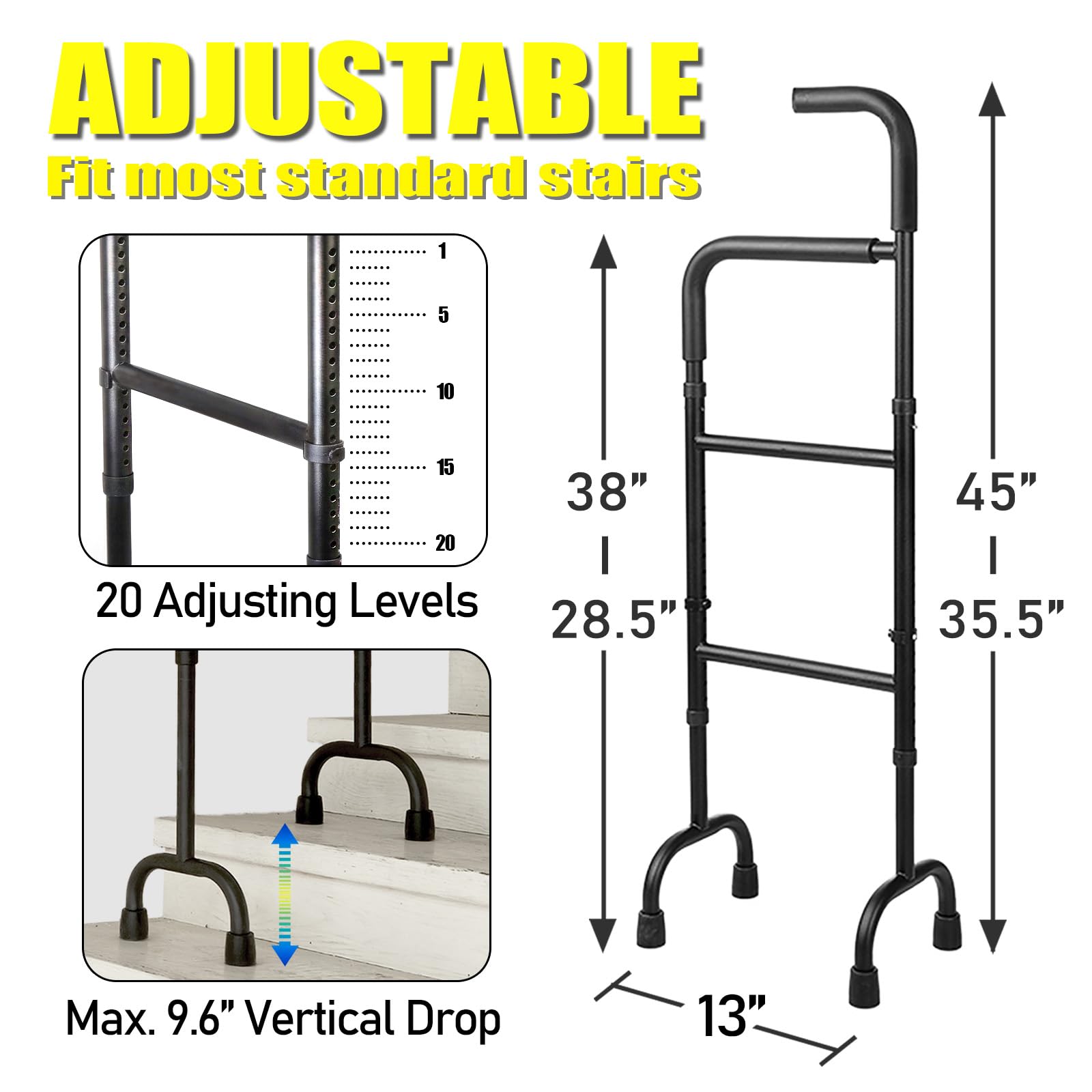 20-Level Adjustable Stair Climbing Assist Cane & Elderly Stair Lift Assist with Anti-Slip Handle & Stabilizing Feet, Standard Steps-Patent Pending — Amazon image 2