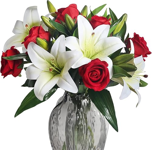 Miniatura 1 de HUAESIN 11 flores artificiales realistas ramo de rosas rojas y arreglos florales de seda de lirio blanco para ramo de boda, centros de mesa,