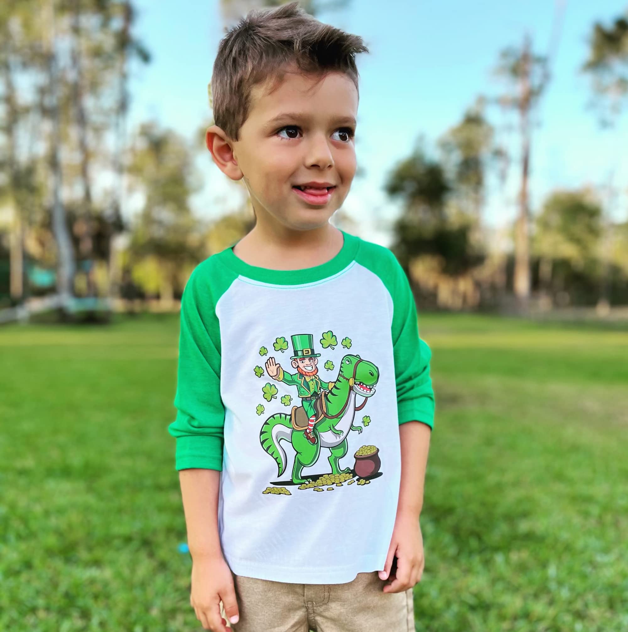St. Patrick's Day Dinosaur Kids T-Shirt/or Unisex 3/4 Sleeve Baseball Tee (White with Green Sleeves, 4T)