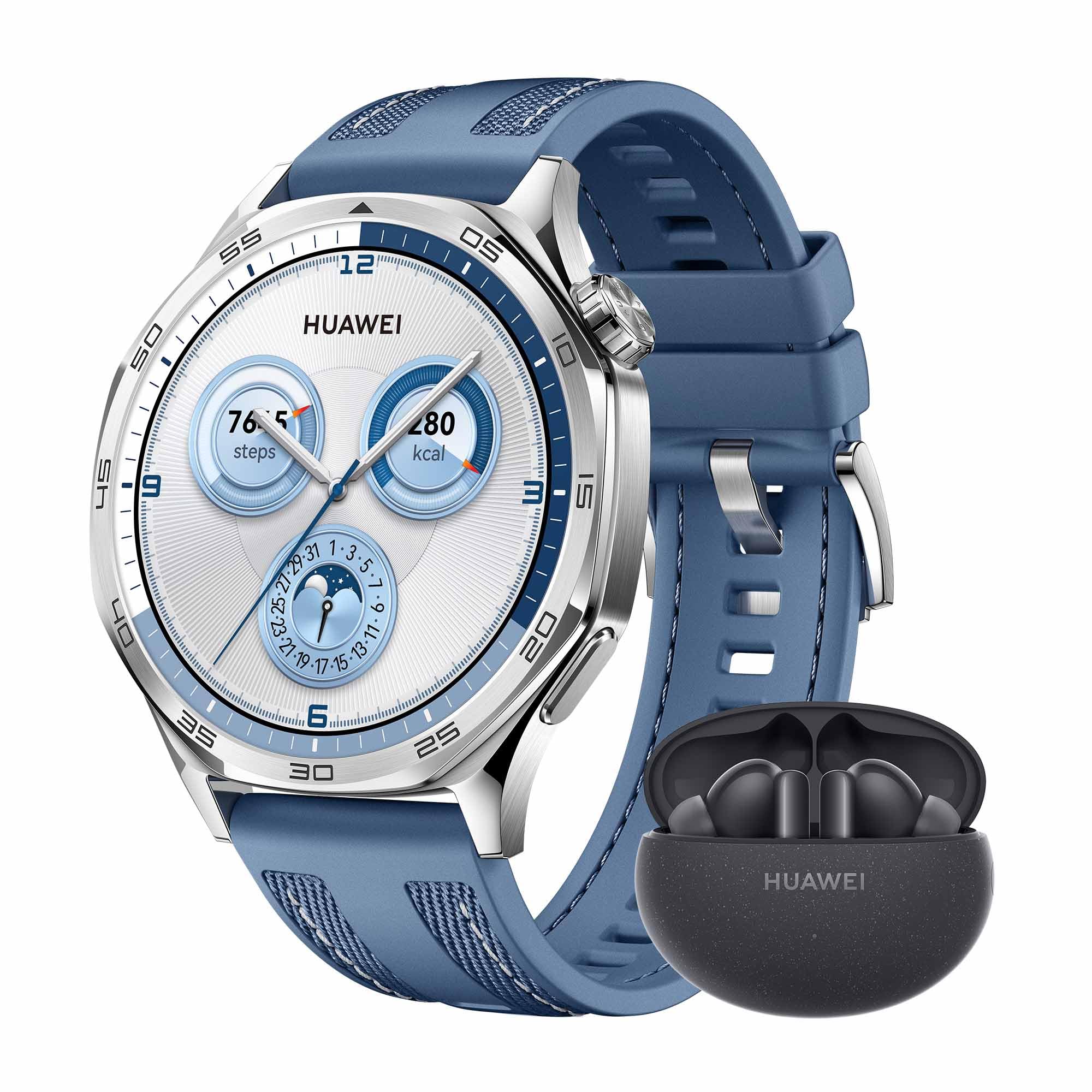 HUAWEI WATCH GT 5 46mm Smartwatch,Design elegante, Nuova modalità corsa e ciclismo, Monitoraggio della salute, 14 giorni1 di durata della batteria, iOS e Android, Blu + FreeBuds 5i Nero
