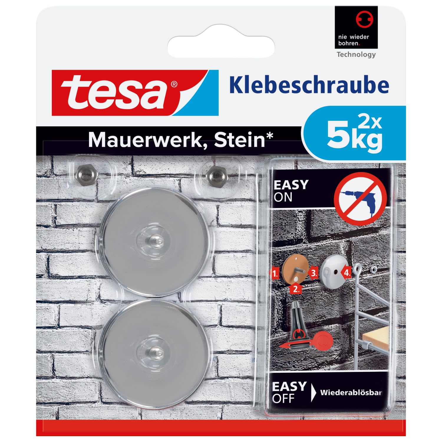 tesa Klebeschraube für Mauerwerk und Stein, Halteleistung 5 kg, rund, 2 Stück