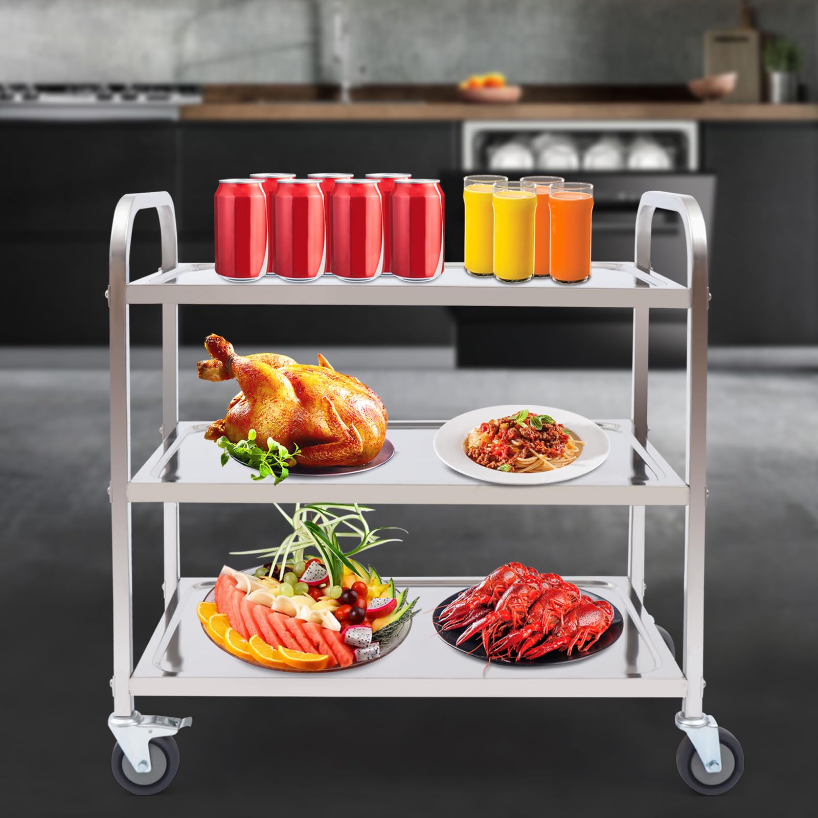 Carrito de servicio de 3 niveles de acero inoxidable 201, carrito de cocina, carrito de alimentos, estantería con ruedas universales, capacidad de carga 60-75 kg, para restaurantes, cocinas