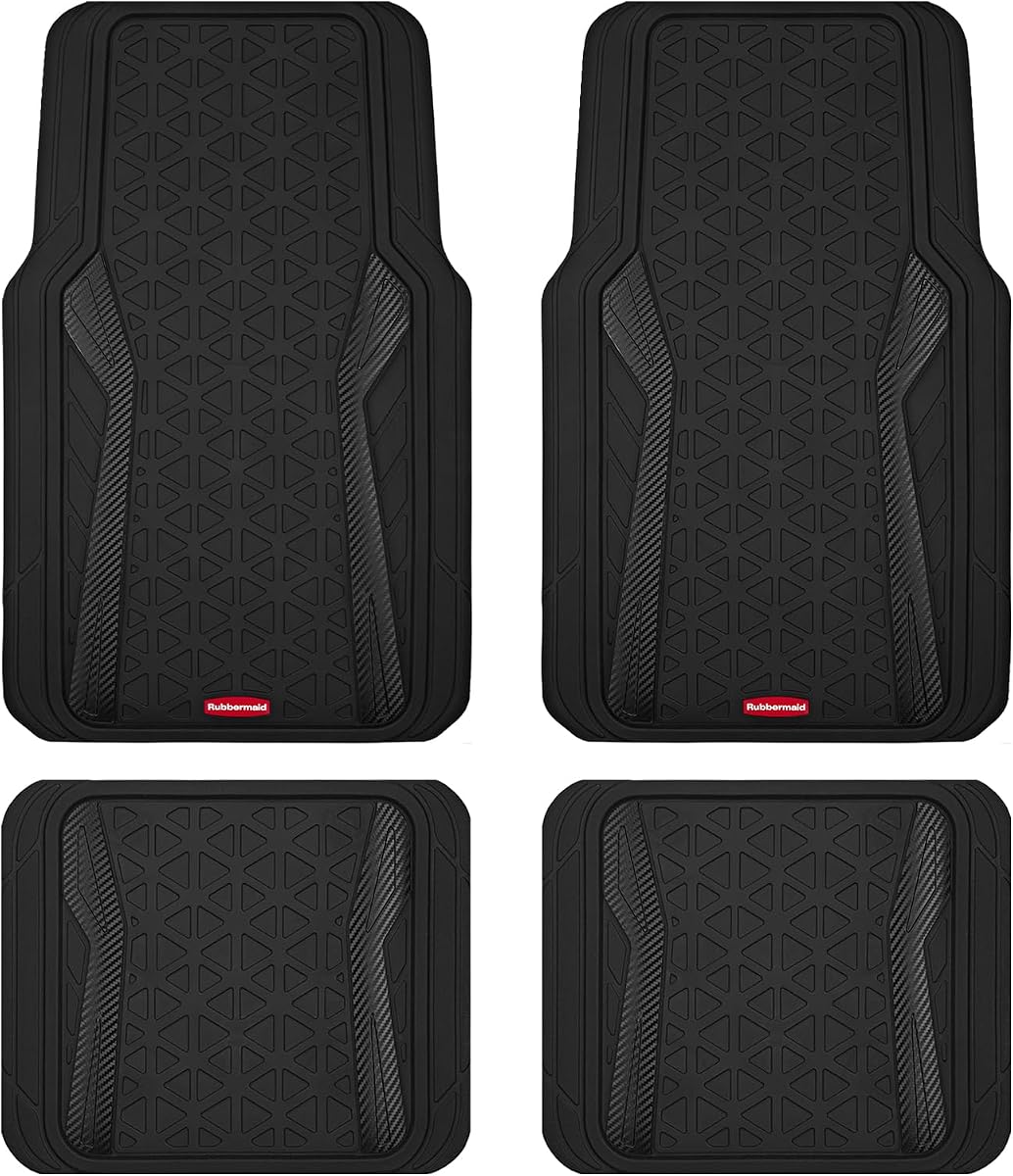 Rubbermaid Car Floor Mats Full Set, Premium Heavy Duty All-Weather Car Mats– Rugged Rubber with Brushed Aluminum Inserts, Universal Trim-to-Fit, Anti-Slip Backing for Cars, SUVs, Trucks & Vans - Black