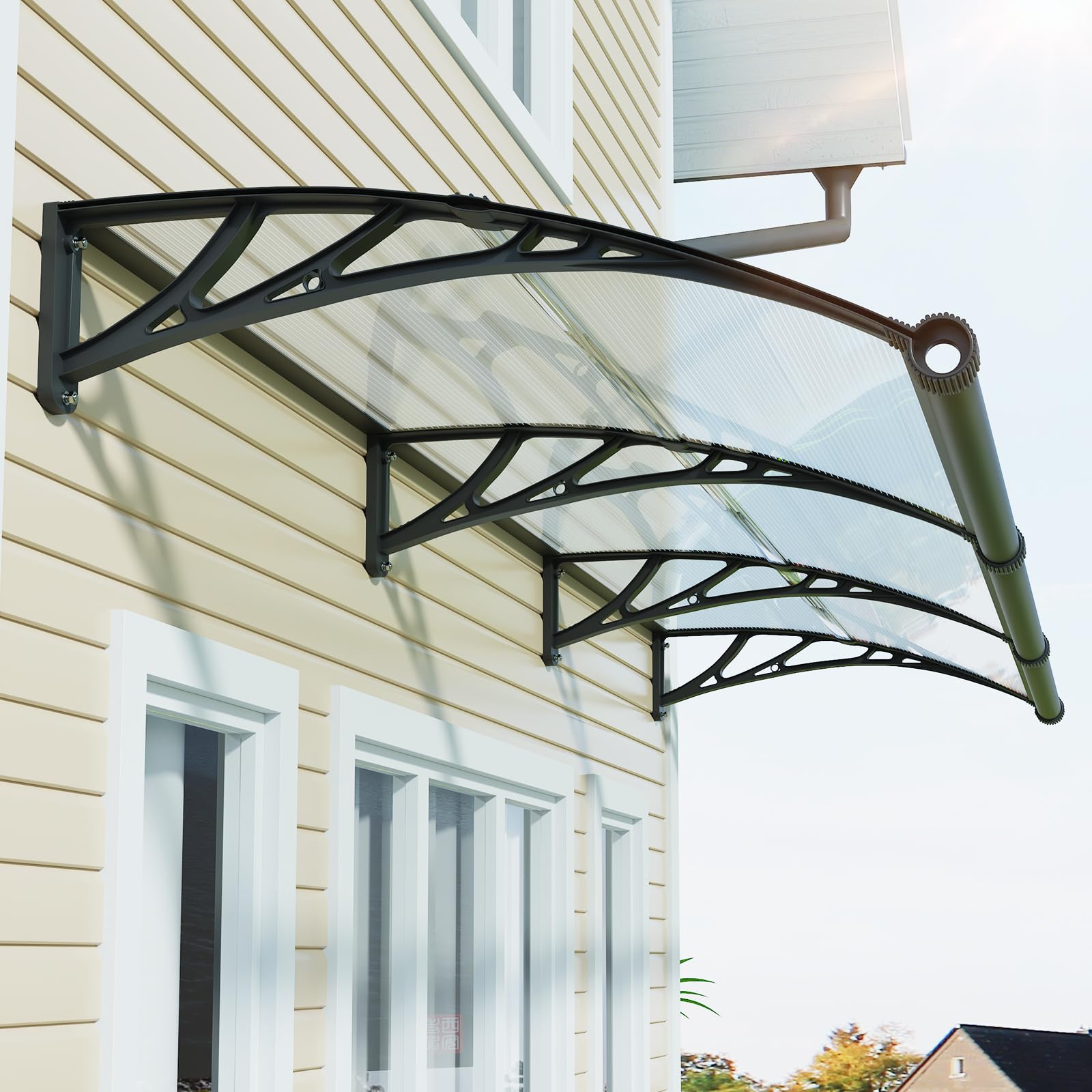 GUANSU-CN Door Canopy Outdoor Waterproof – UV Resistant Polycarbonate Door Awning with Gutter, 80x300cm Front Porch Canopy for Rain Snow Sun
