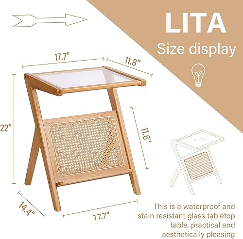 Miniatura 3 de LITA Mesa auxiliar de ratán, mesa auxiliar de mediados de siglo, moderna mesa de noche de bambú con estante para revistero, mesa de madera bohemia