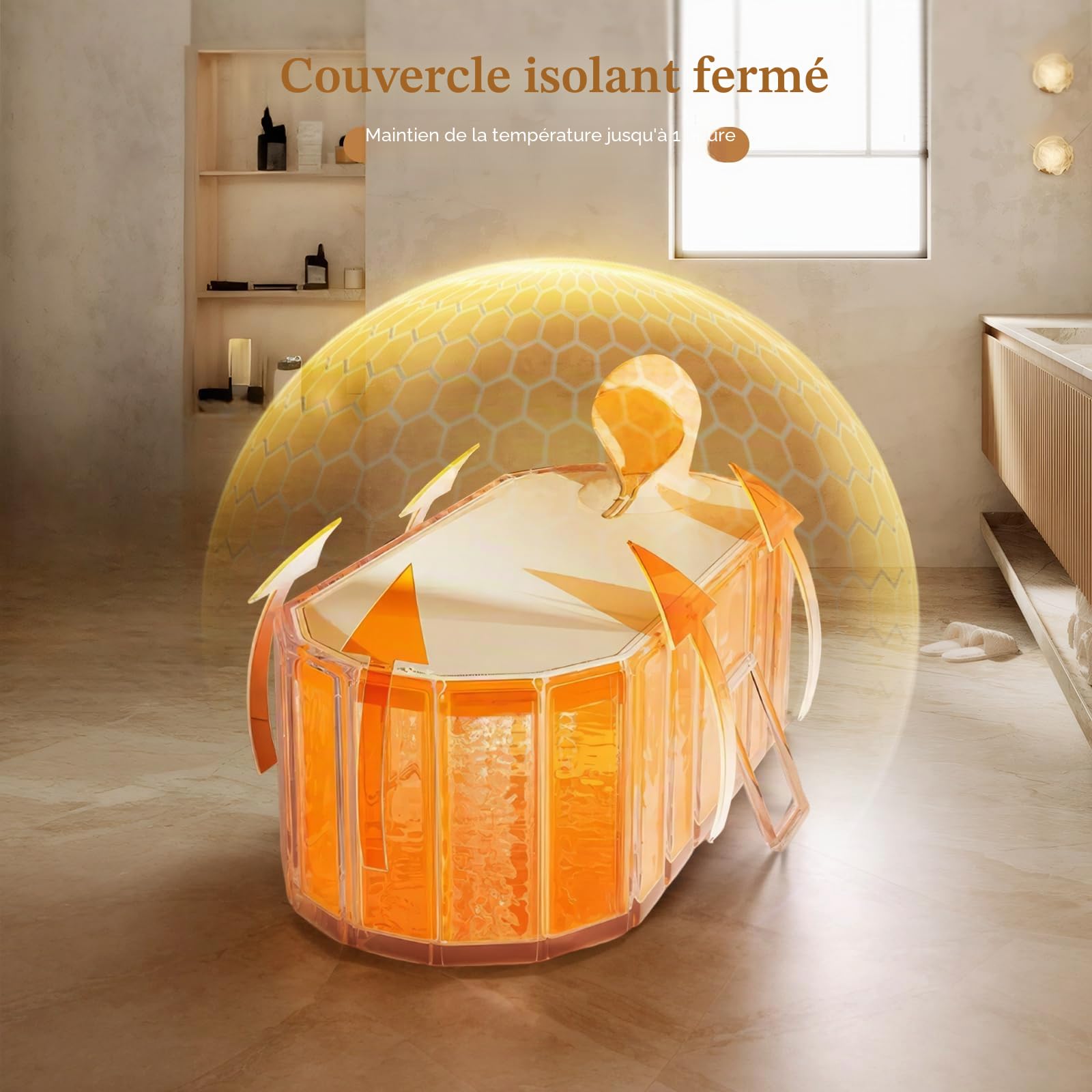 Baignoire portable pour adultes 150 x 55 x 50 cm, baignoire pliable pour adultes avec 2 trous de vidange, baignoire familiale pour glace équipée de 2 plaques de support latérales avec couvercle (Beige