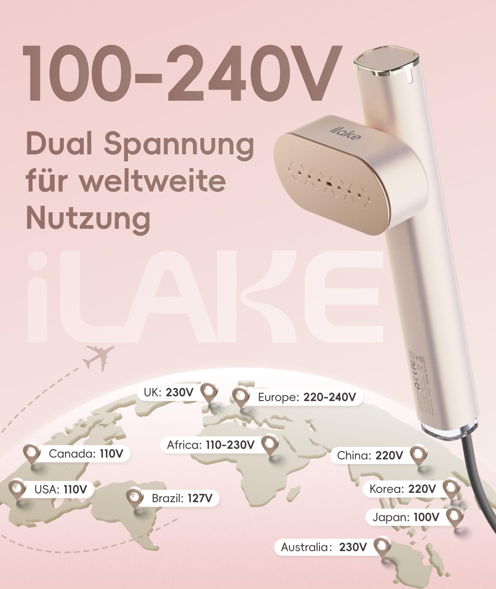 Dampfglätter für Kleidung, Handheld 100-240V Dual Voltage Travel Dampfglätter, 1000W und 120ML Wassertank Tragbarer Dampf & Bügeleisen 2 in 1 für Geschäftsreisen Zuhause, Roségold