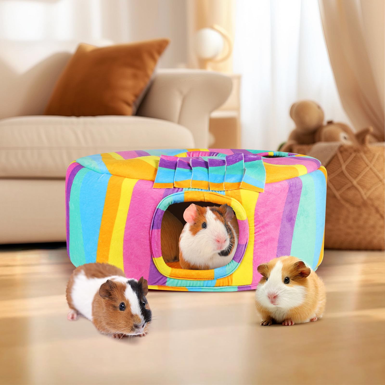 Escondite y túneles de conejillo de indias acogedora casa de cobayas con cortina de puerta, cama suave para mascotas pequeñas/hámster/planeador de azúcar/chinchilla jugando y descansando (arcoíris)